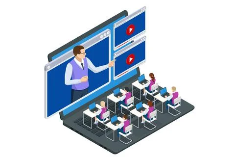 Isometric concept of distance school learning. E-learning, online education at イラスト素材