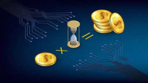 Isometric concept of earning coins during staking time with gold coins USD do Stock Illustration