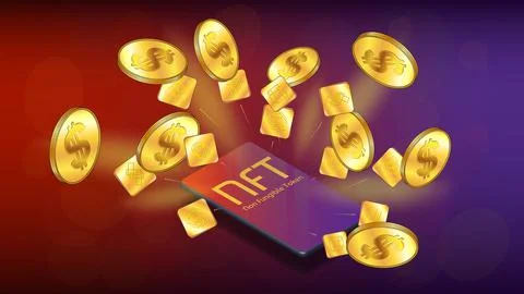 Isometric concept of earning dollars USD on NFT market. NFT non fungible toke Stock Illustration
