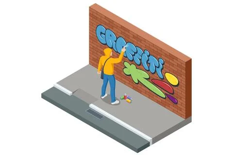 Isometric concept of Graffiti on wall. Urban Contemporary Culture. Street art Stock Illustration