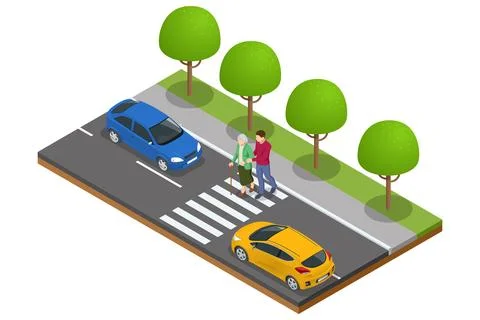 Isometric concept of helping the elderly in the city. A man helps an old woman Stock Illustration