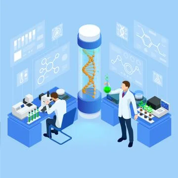 Isometric concept of laboratory exploring new methods of plant breeding and Stock Illustration