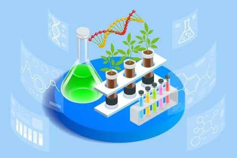 Isometric concept of laboratory exploring new methods of plant breeding and Stock Illustration