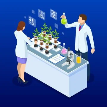 Isometric concept of laboratory exploring new methods of plant breeding and Stock Illustration
