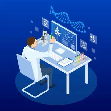 Isometric concept of laboratory exploring new methods of plant breeding and Stock-Illustration