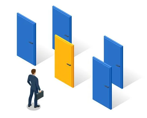 Isometric concept of man is standing in front of three doors and having a choice Stock Illustration