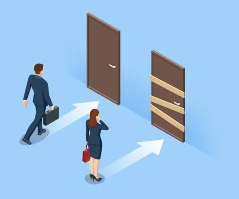Isometric concept of man is standing in front of three doors and having a choice Stock Illustration