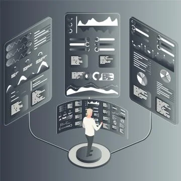 Isometric concept. Man with statistics data, analytics, information, technology Illustrazione stock