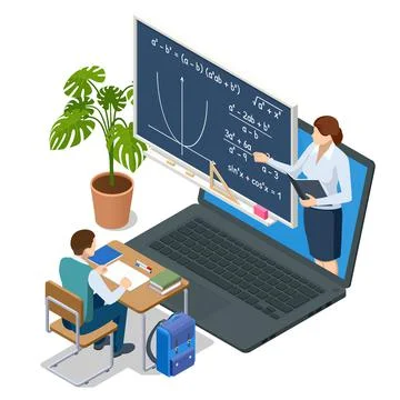 Isometric concept of math and geometry lesson online. Online studying Stockillustratie