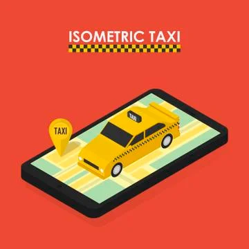 Isometric concept of mobile app for booking taxi 库存插图