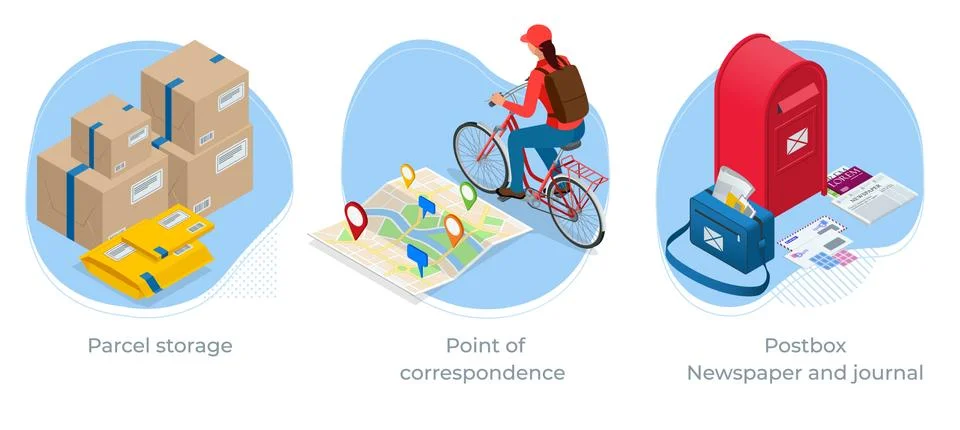 Isometric concept of Parcel storage, Point of correspondence, Postbox, Newspaper Illustrazione stock
