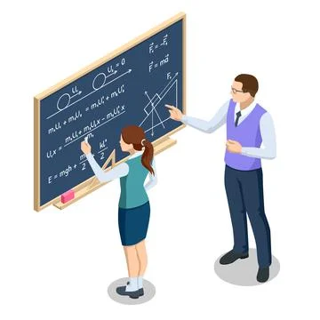 Isometric concept of physics lesson. Physics school subject. Schoolgirl is Stock Illustration