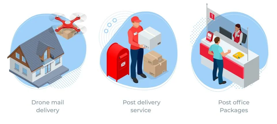 Isometric concept of Post office, Drone mail delivery, Post delivery service Illustration