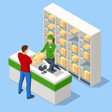 Isometric concept Post Office, mailbox. People working at the post office Illustration