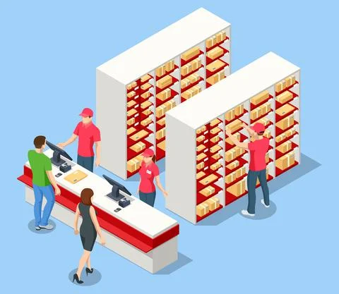 Isometric concept Post Office, mailbox. People working at the post office Illustrazione stock