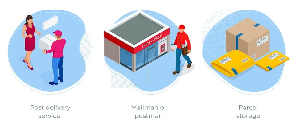 Isometric concept of Post office, Post delivery service , Mailman or postman Stock Illustration