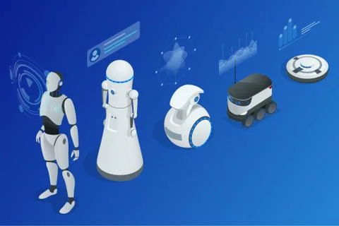 Isometric concept robot programming. Infographics of Robots helpers and friends Stock Illustration