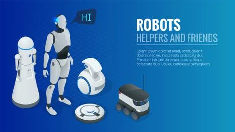 Isometric concept robot programming. Robots helpers and friends Stock Illustration