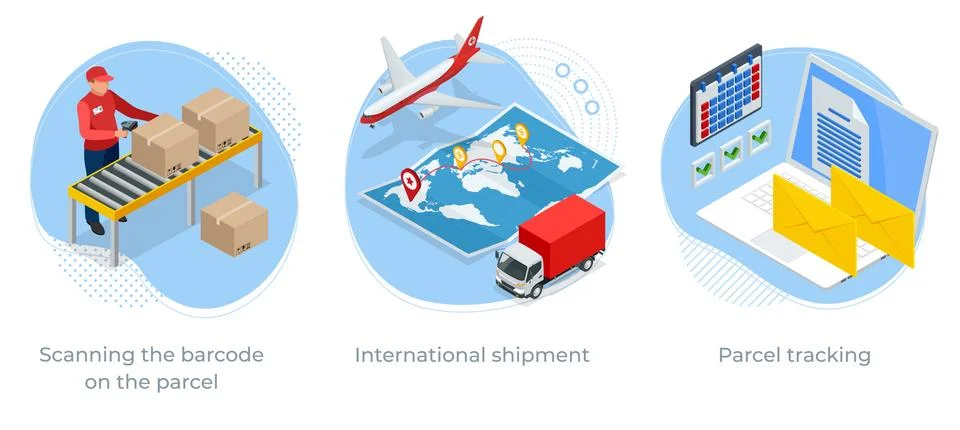 Isometric concept of Scanning the barcode on the parcel, International shipment Illustration