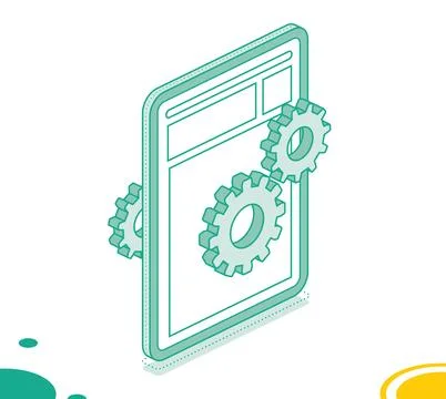 Isometric concept with tablet pc and gearwheel. Application settings. Setup.. 스톡 일러스트