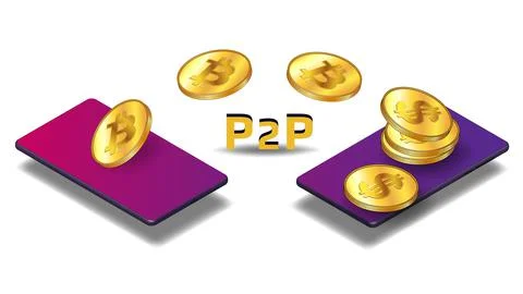 Isometric concept of transferring and converting bitcoin BTC to dollars USD P2P Stock Illustration