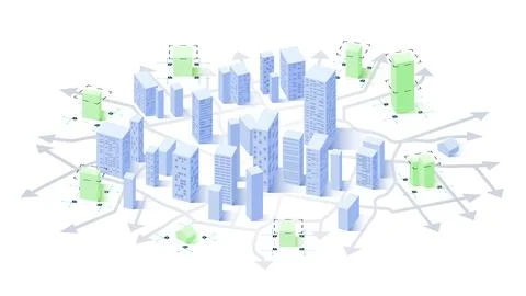 Isometric concept of urban construction, new residential complexes. Ilustración de archivo