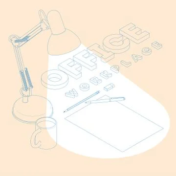 Isometric concept of workplace with blank sheets A4, coffee cup, table lamp and Stock Illustration