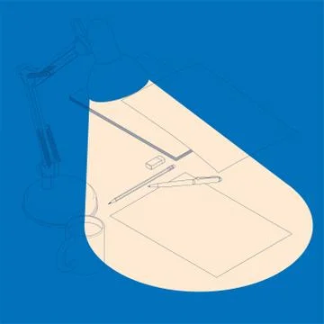 Isometric concept of workplace with blank sheets A4, coffee cup, table lamp and Stock Illustration