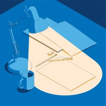Isometric concept of workplace with blank sheets A4, coffee cup, table lamp and Stock Illustration