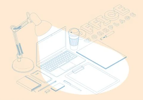 Isometric concept of workplace with computer and office equipment. Vector mockup Stock-Illustration