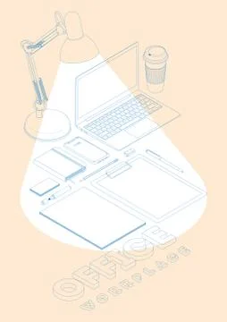 Isometric concept of workplace with computer and office equipment. Vector mockup Stock-Illustration