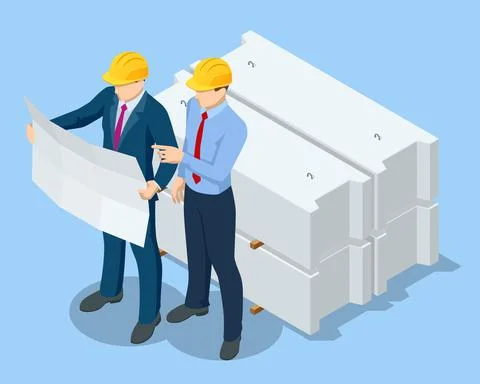 Isometric Construction Engineers and Builders in Yellow Safety Helmets On Illustrazione stock