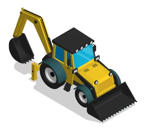 Isometric Construction equipment tractor with front and rear bucket. Industri Stock Illustration