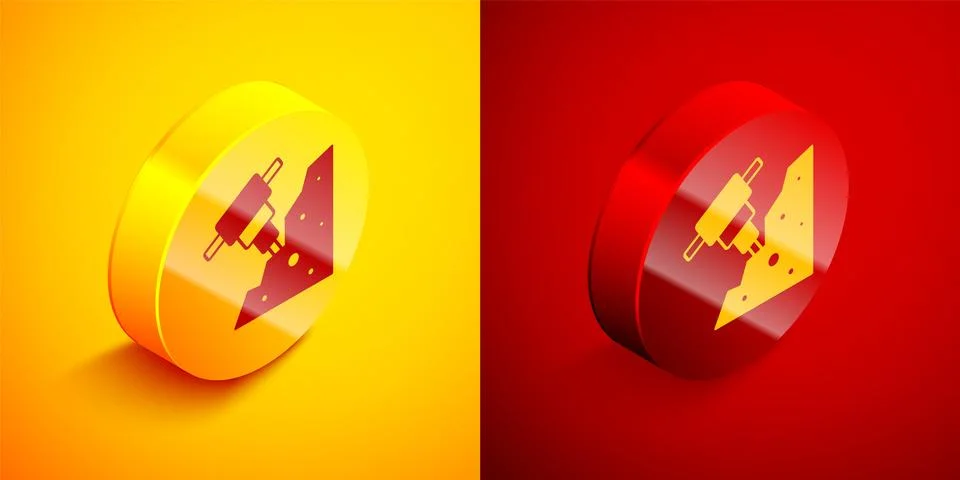 Isometric Construction jackhammer and stone icon isolated on orange and red.. Stock Illustration