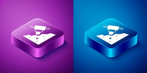 Isometric Construction jackhammer and stone icon isolated on blue and purpl.. Stock Illustration