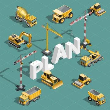 Isometric construction machinery composition with plan text. Building equip.. Ilustración de archivo