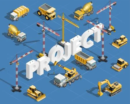 Isometric construction machinery composition with project text. Building eq.. Stock Illustration