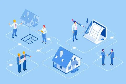 Isometric Construction Project Management, Architectural Project Planning Stock Illustration