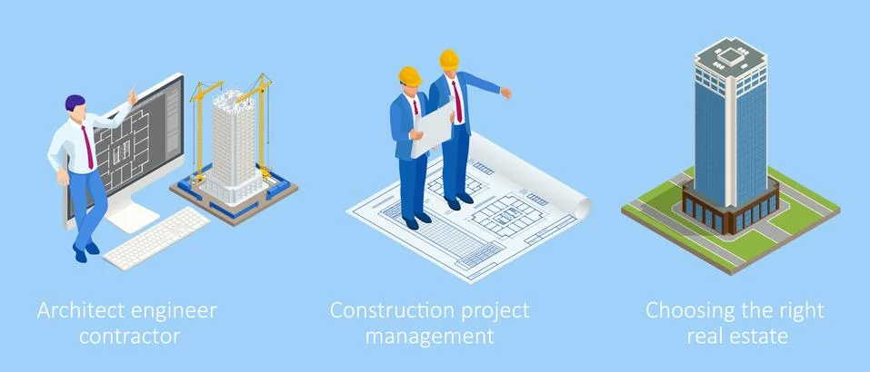 Isometric Construction Project Management, Architectural Project Planning Stock Illustration