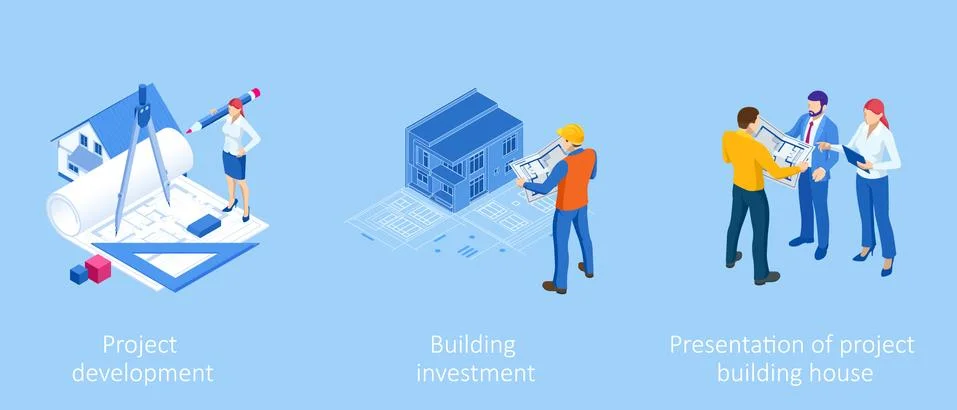Isometric Construction Project Management, Architectural Project Planning Stock Illustration