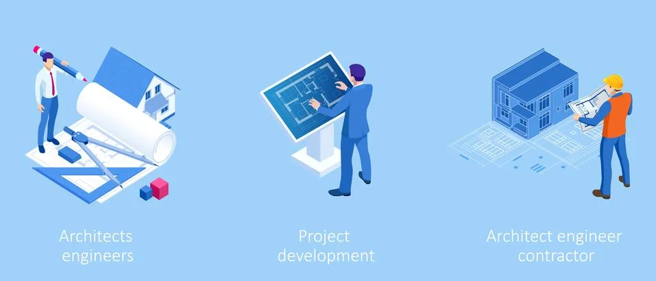 Isometric Construction Project Management, Architectural Project Planning Stock Illustration