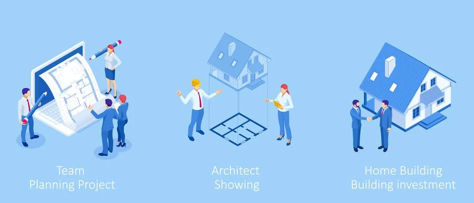 Isometric Construction Project Management, Architectural Project Planning Stock Illustration