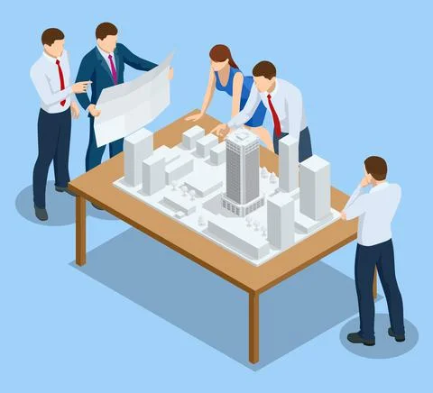 Isometric Construction Project Management, Architectural Project Planning Stock Illustration