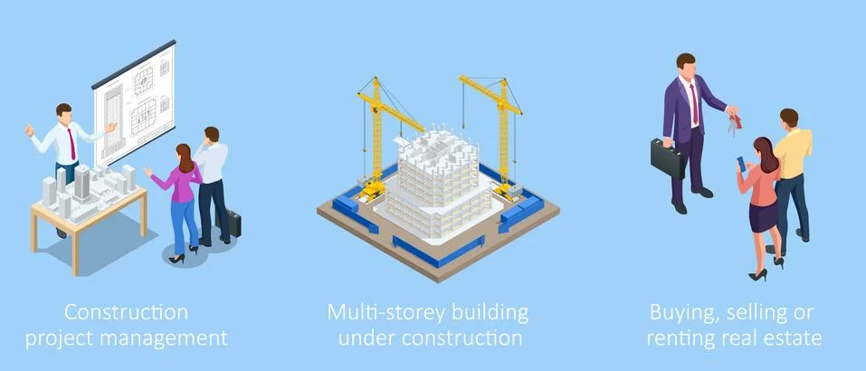 Isometric Construction Project Management. Professional Contractors and 스톡 일러스트