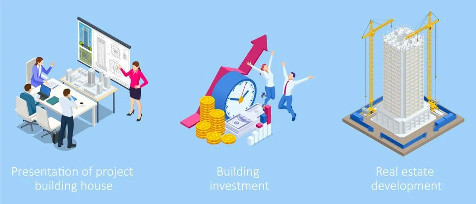 Isometric Construction Project Management. Professional Contractors and Stock Illustration