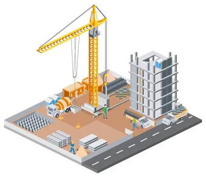 Isometric construction site with tower crane, workers, trucks, and unfinish.. Stock Illustration