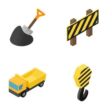 Isometric construction tools and work site equipment set Stock Illustration