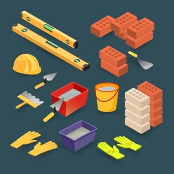 Isometric construction tools. Brick, spatula, mortar, helmet, gloves, level.  Stock Illustration