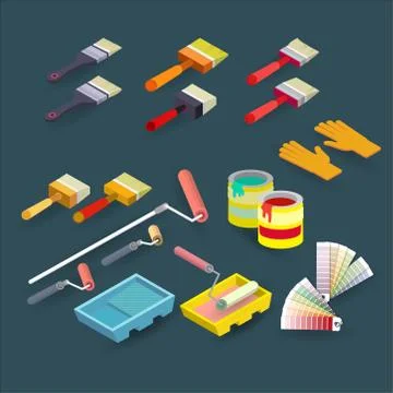 Isometric construction tools. Brush, roller, palette, gloves. Vector. Stock Illustration