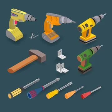 Isometric construction tools. Drill, screwdriver and hammer. Vector set. Illustrazione stock
